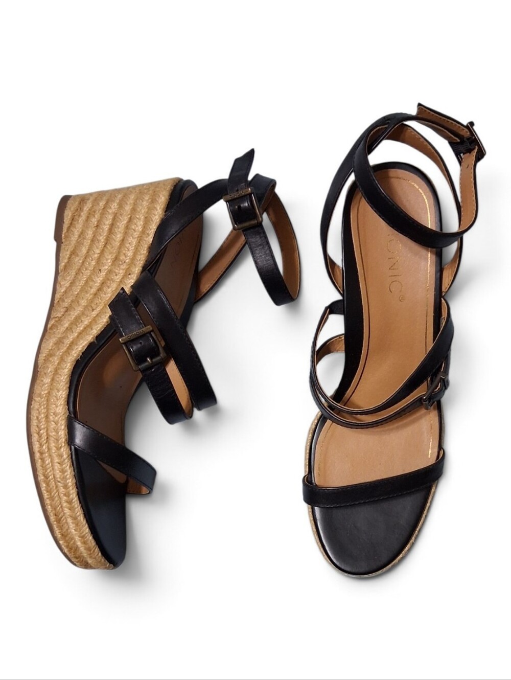Vionic Sabina Sz 9.5 Black with wedge espadrille heel